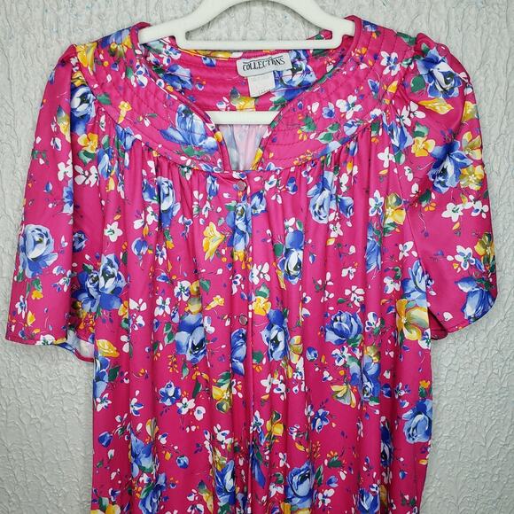 Vintage Collections Chemise Day Dress Gown Pink Floral Tropical Hawaii SzLARGE - Picture 2 of 13